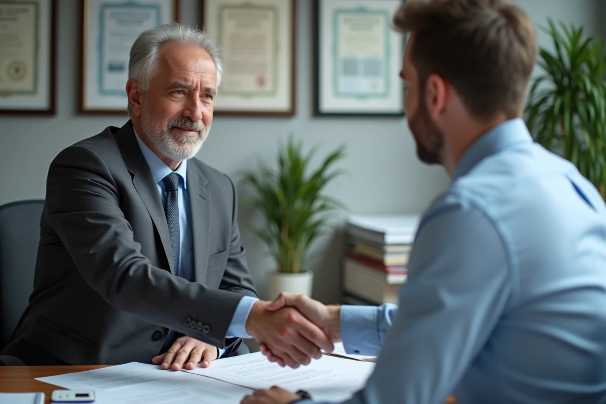 Poignée de main entre un directeur RH et un salarié après signature d'une rupture conventionnelle