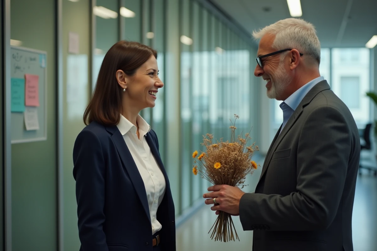 Femme recevant un bouquet de fleurs séchées d'un collègue dans un couloir de bureaux vitré lors d'un départ professionnel émouvant