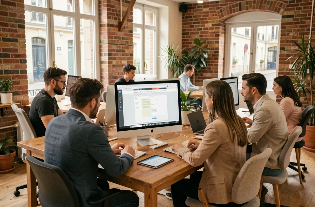 Équipe d'une agence web dans l'Aisne collaborant autour d'un écran dans un bureau moderne