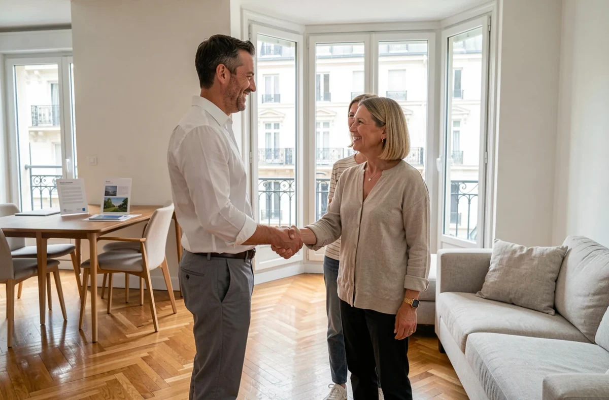 Agent immobilier en portage salarial finalisant une transaction avec des clients dans un appartement contemporain
