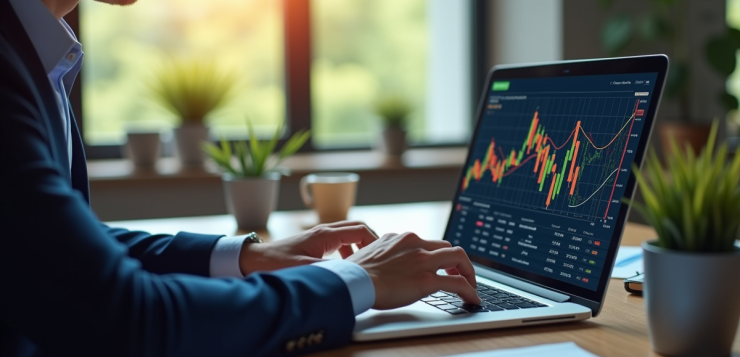 Professionnel analysant graphiques financiers colorés sur un ordinateur