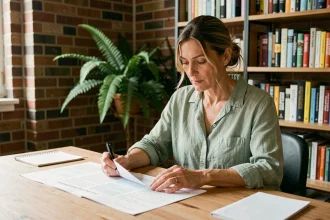 Femme analysant la méthode de blogging de Claude Lévêque avec des notes manuscrites sur un bureau en bois