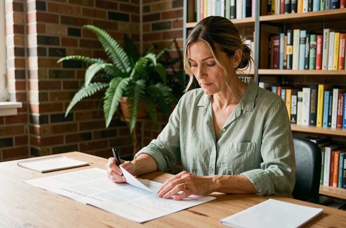 Femme analysant la méthode de blogging de Claude Lévêque avec des notes manuscrites sur un bureau en bois