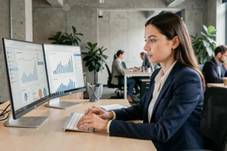 Professionnelle analysant les performances d'une plateforme de marketing digital sur un double écran dans un bureau moderne