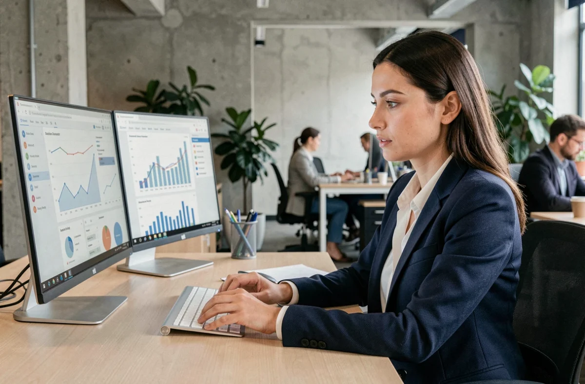 Professionnelle analysant les performances d'une plateforme de marketing digital sur un double écran dans un bureau moderne
