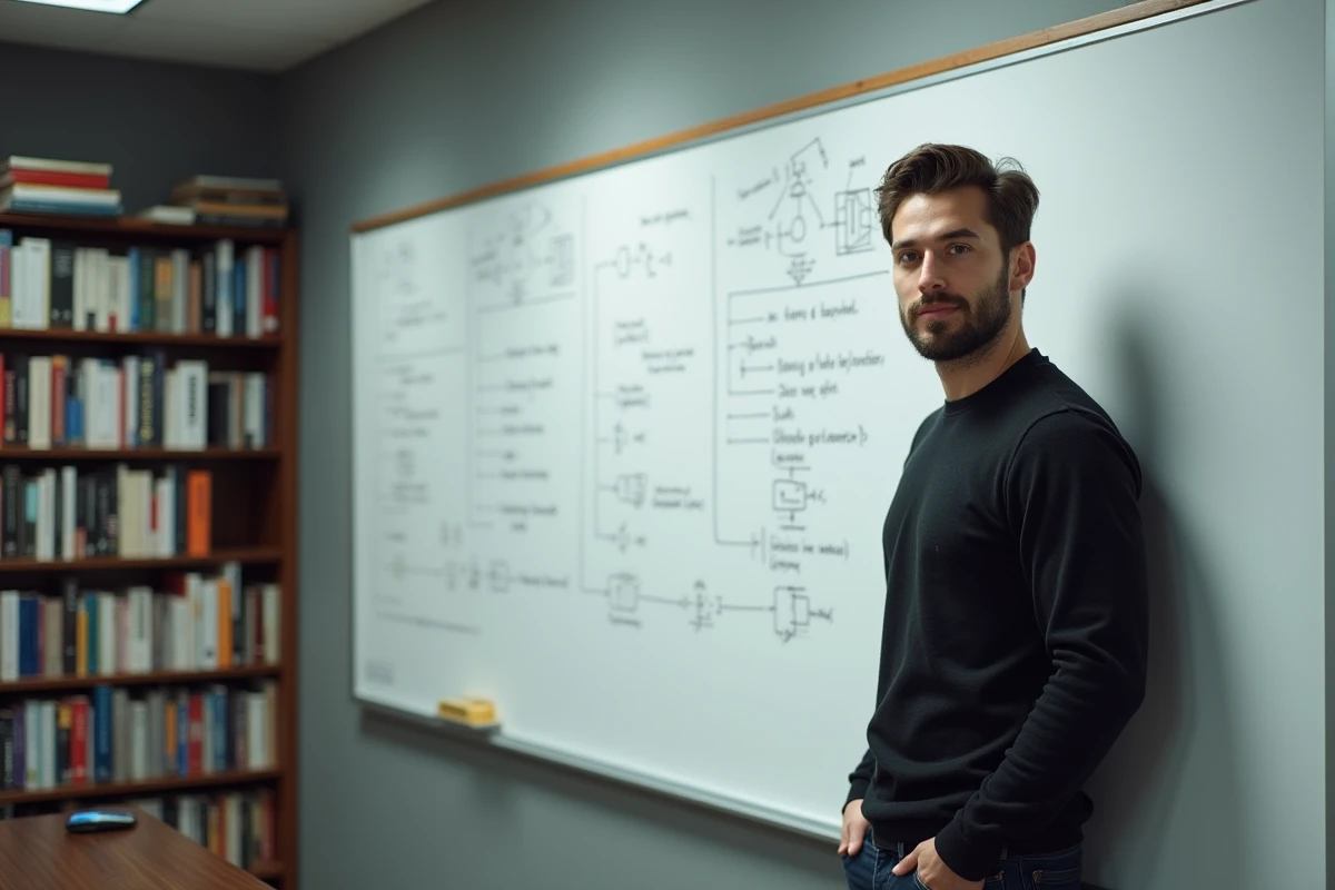 Chercheur en intelligence artificielle de grande taille devant un tableau de recherche dans un laboratoire scientifique français