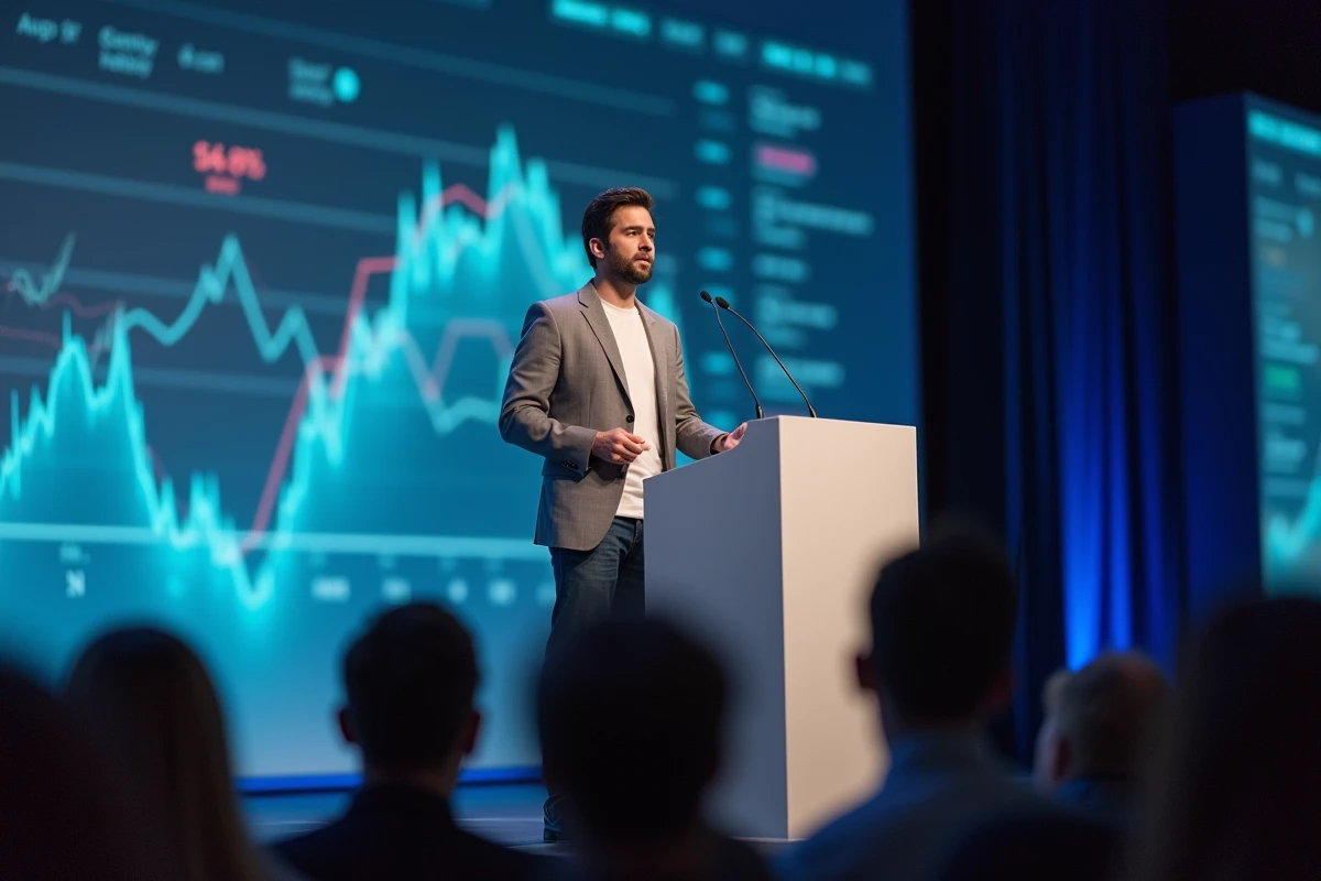 Entrepreneur français de la tech en pleine conférence sur scène, haute stature mise en valeur lors d'un événement IA