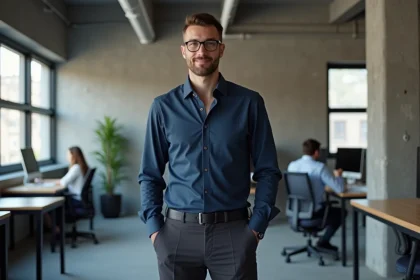 Arthur Mensch, PDG de Mistral AI, grand et élancé dans un bureau de startup tech moderne à Paris