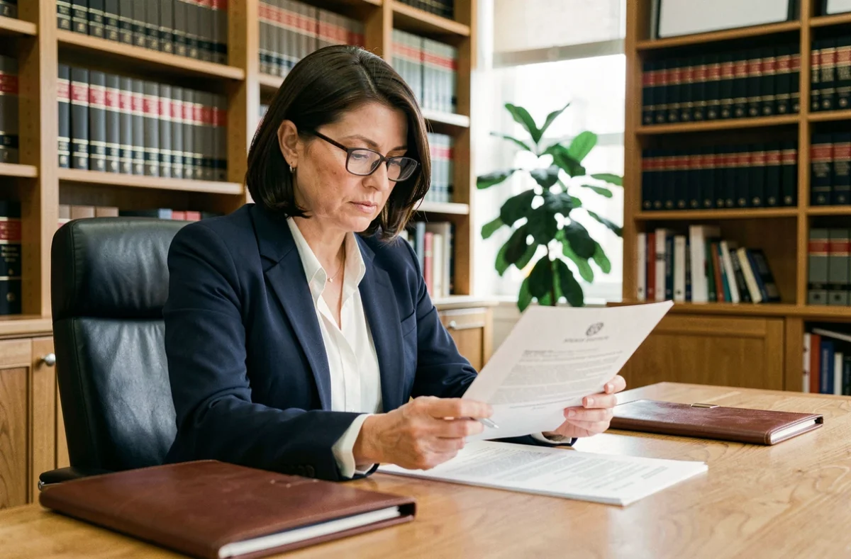 Avocate professionnelle examinant un contrat de prestation de services dans son bureau juridique