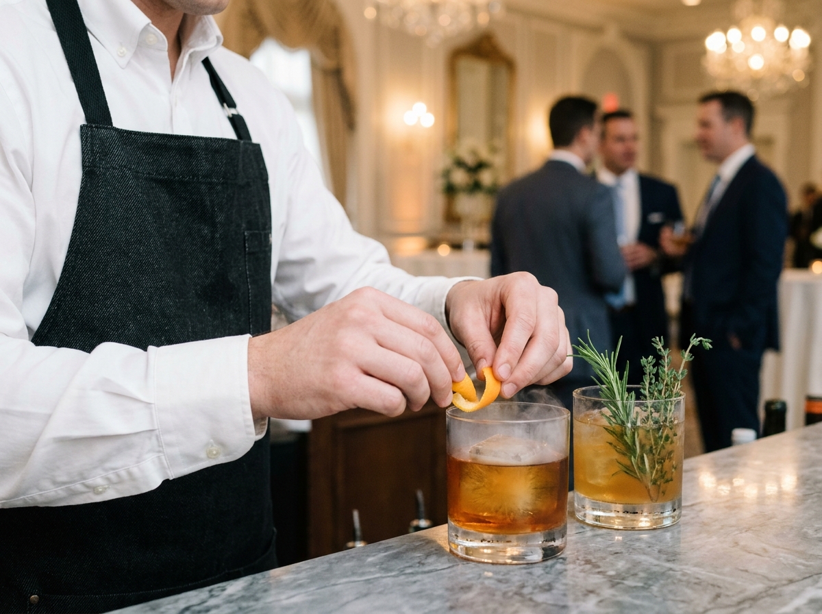 Barman professionnel préparant des cocktails artisanaux lors d'un événement d'entreprise avec soin et précision