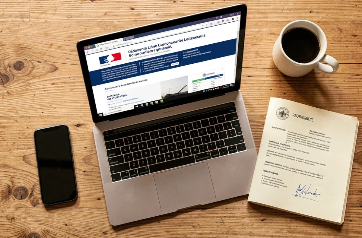 Vue aérienne d'un bureau avec ordinateur affichant le site Sirene et documents d'immatriculation d'entreprise