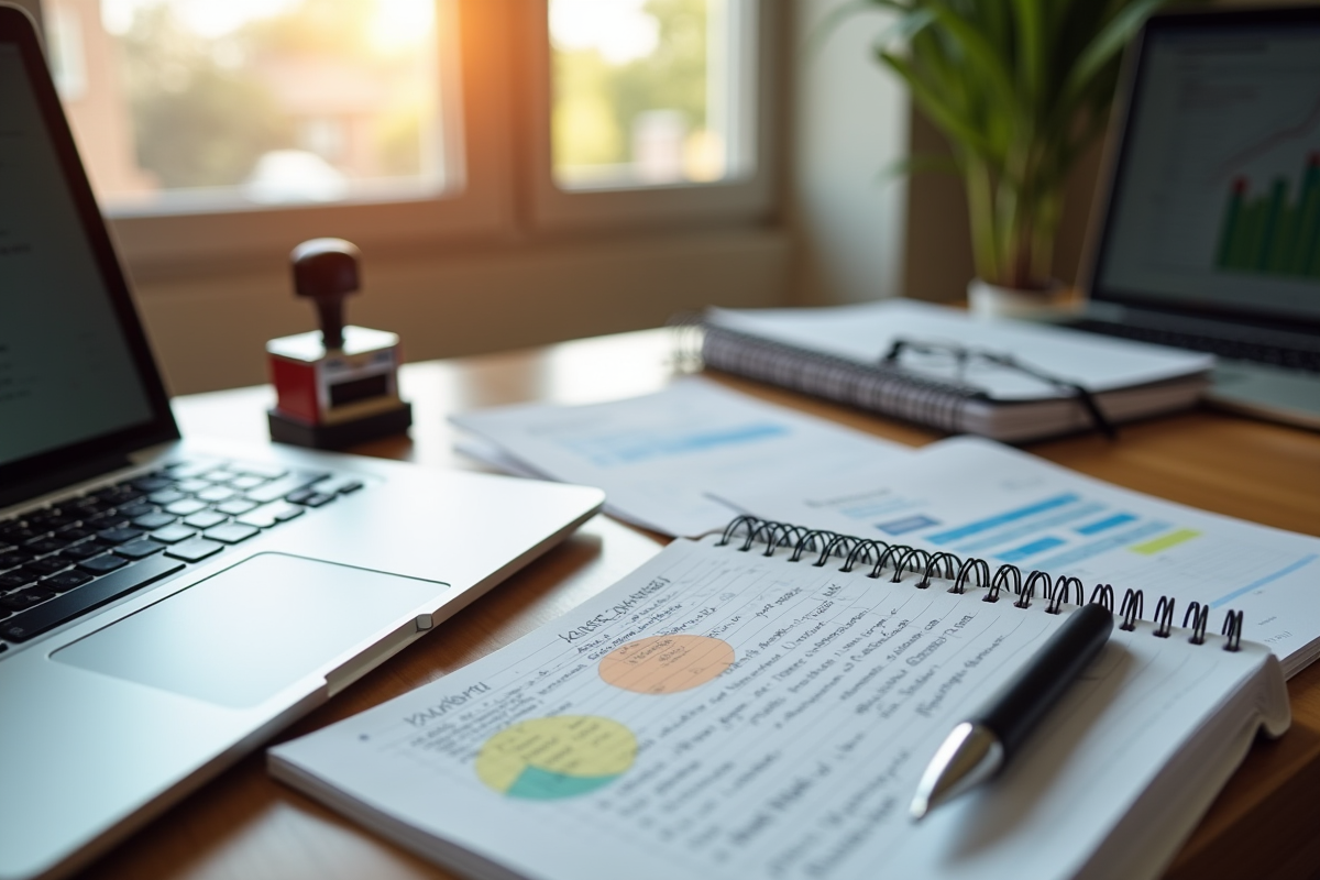 Bureau organisé avec journal ouvert et ordinateur