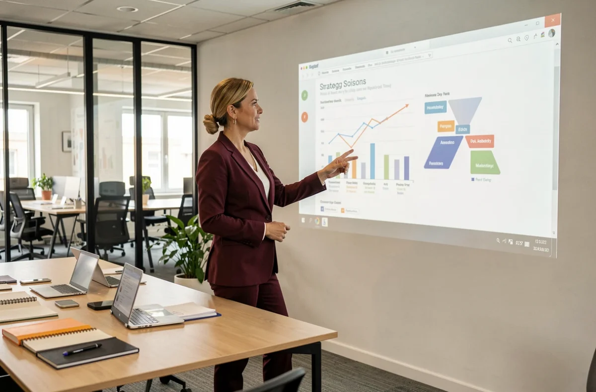 Consultante de l'agence Business Antidote à Soissons présentant une stratégie digitale en réunion