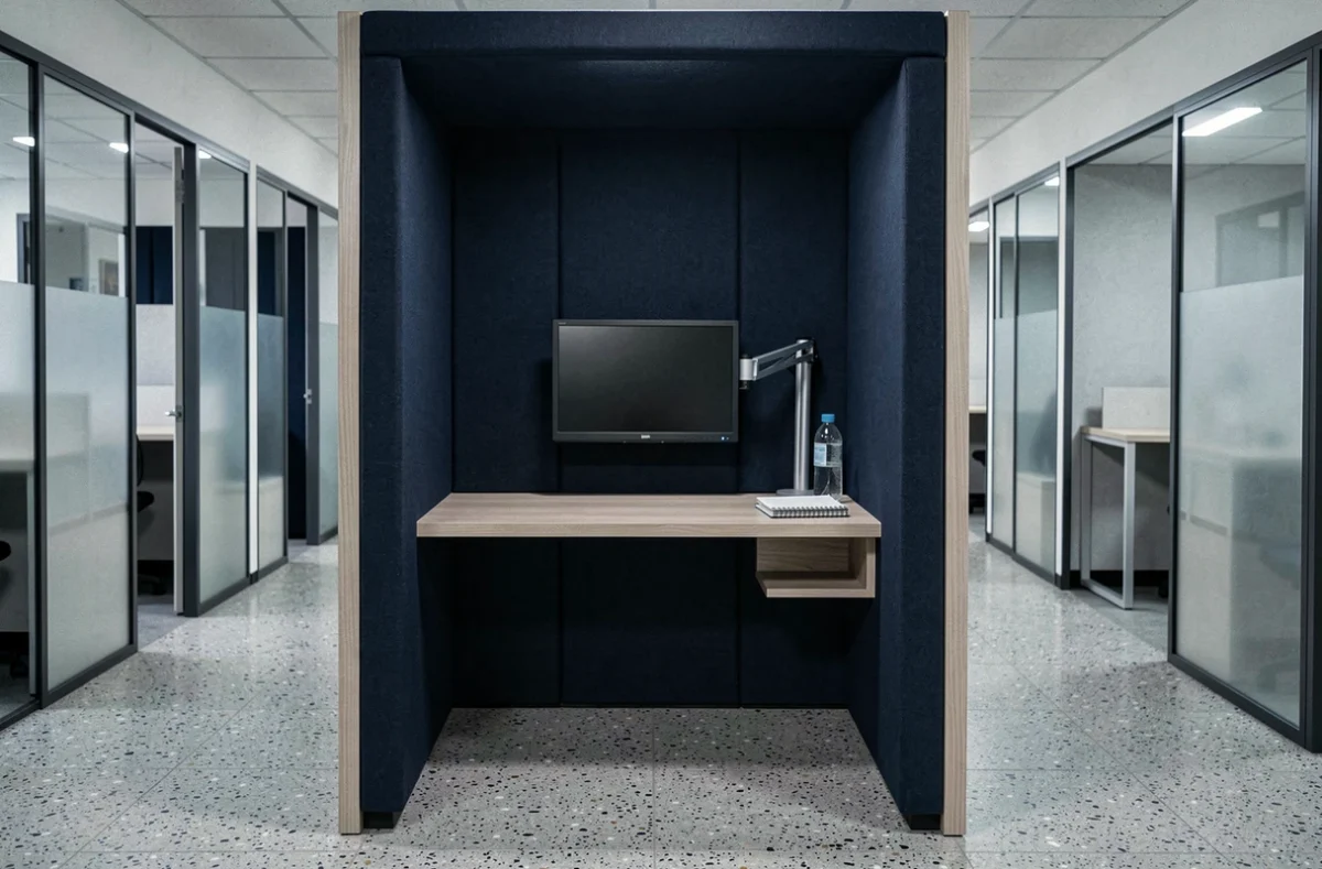 Cabine acoustique individuelle dans un coworking avec bureau intégré et panneaux insonorisants
