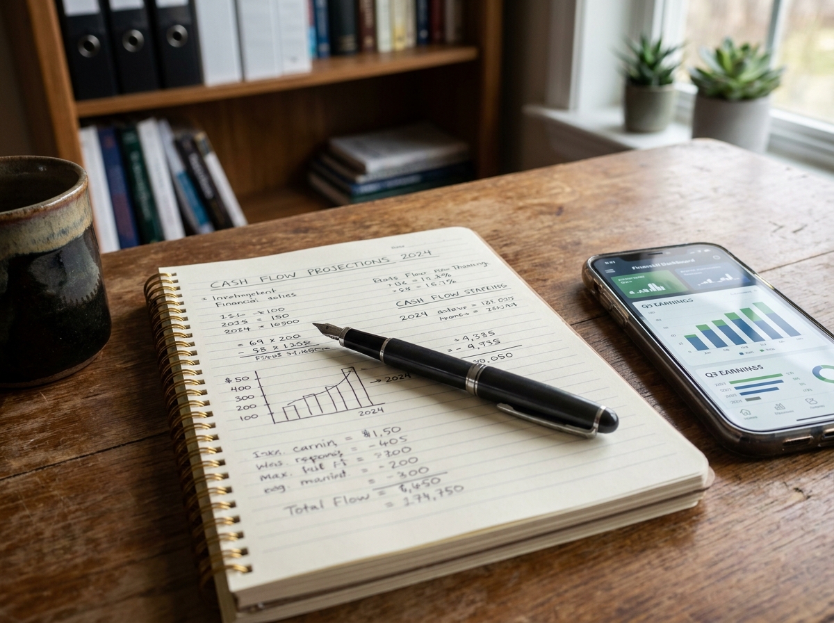 Gros plan sur un cahier de prévisions de trésorerie manuscrites posé sur le bureau d'un comptable de PME avec smartphone et tasse de café