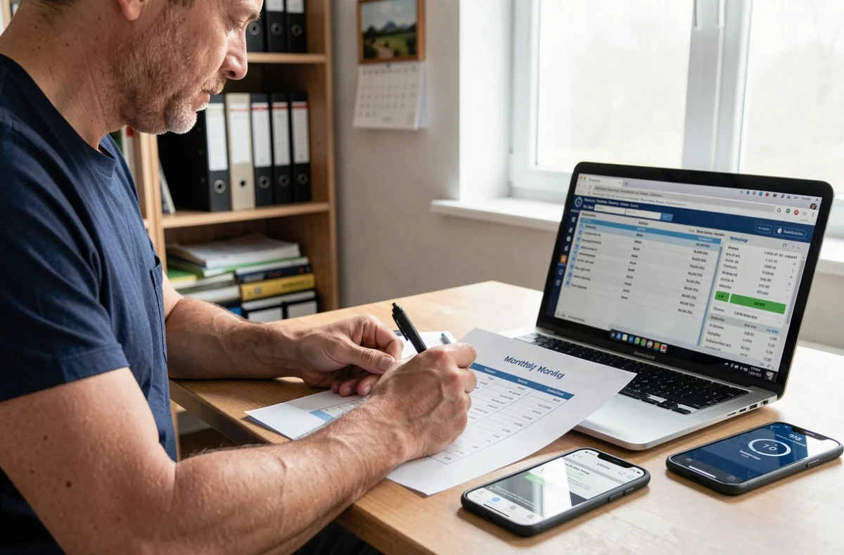 Homme travaillant depuis chez lui pour calculer ses 151h67 mensuelles et ses heures supplémentaires