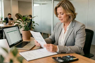 Femme cadre calculant ses heures supplémentaires et primes sur des fiches de paie dans un bureau professionnel