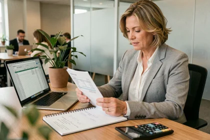 Femme cadre calculant ses heures supplémentaires et primes sur des fiches de paie dans un bureau professionnel