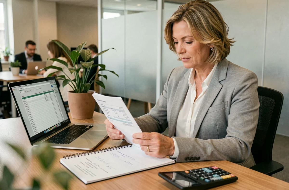 Femme cadre calculant ses heures supplémentaires et primes sur des fiches de paie dans un bureau professionnel