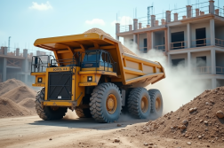 Camion benne lourd déchargeant du gravier sur un chantier