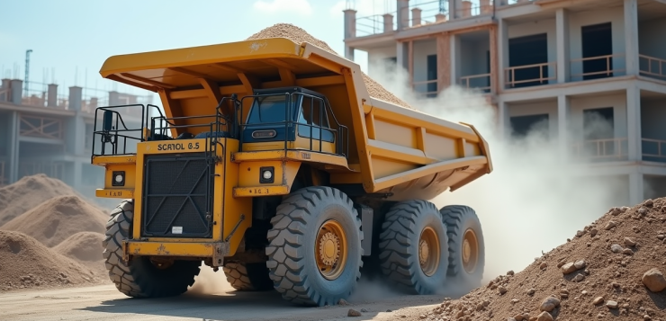 Camion benne lourd déchargeant du gravier sur un chantier