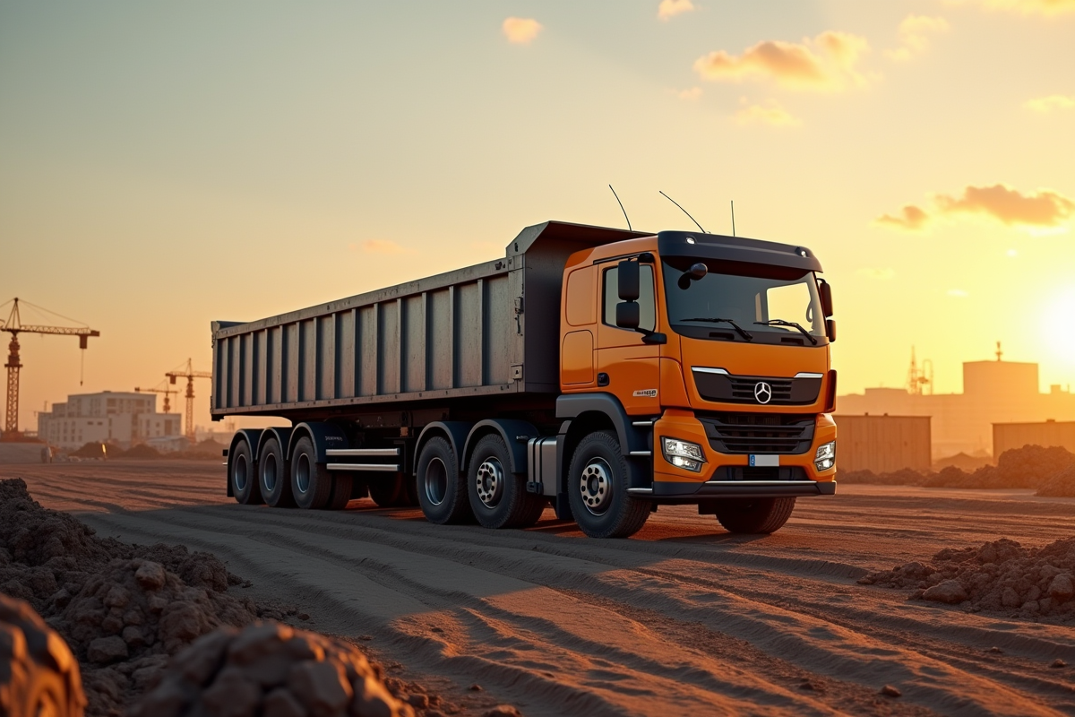 Camion de chantier vide sur site urbain au lever du soleil