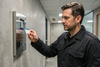 Homme utilisant une carte d'accès JKV sur un lecteur de badge électronique dans un couloir sécurisé