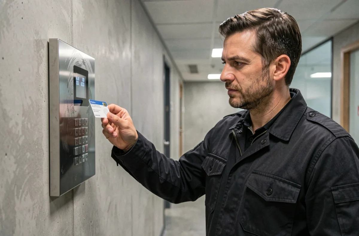 Homme utilisant une carte d'accès JKV sur un lecteur de badge électronique dans un couloir sécurisé