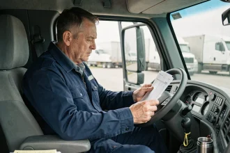 Chauffeur routier de 45 ans assis dans la cabine de son camion en train d'examiner sa fiche de paie 2026