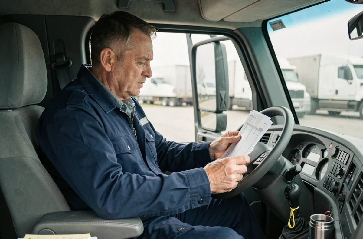 Chauffeur routier de 45 ans assis dans la cabine de son camion en train d'examiner sa fiche de paie 2026