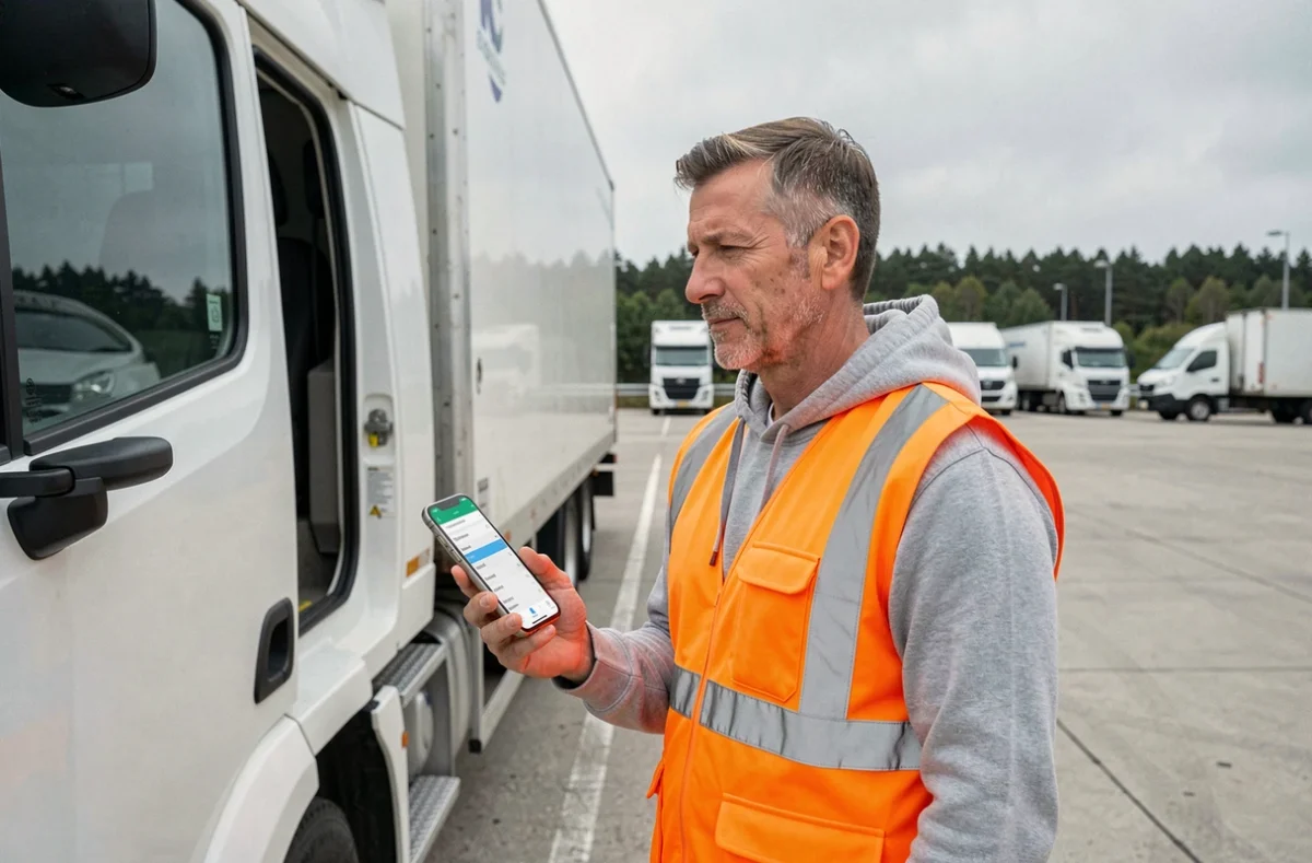 Chauffeur routier senior consultant une application de calcul de salaire net sur smartphone à côté de son camion sur une aire d'autoroute