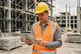 Chef de chantier consultant la plateforme mon-cercle-btp.fr sur une tablette au milieu d'un chantier de construction