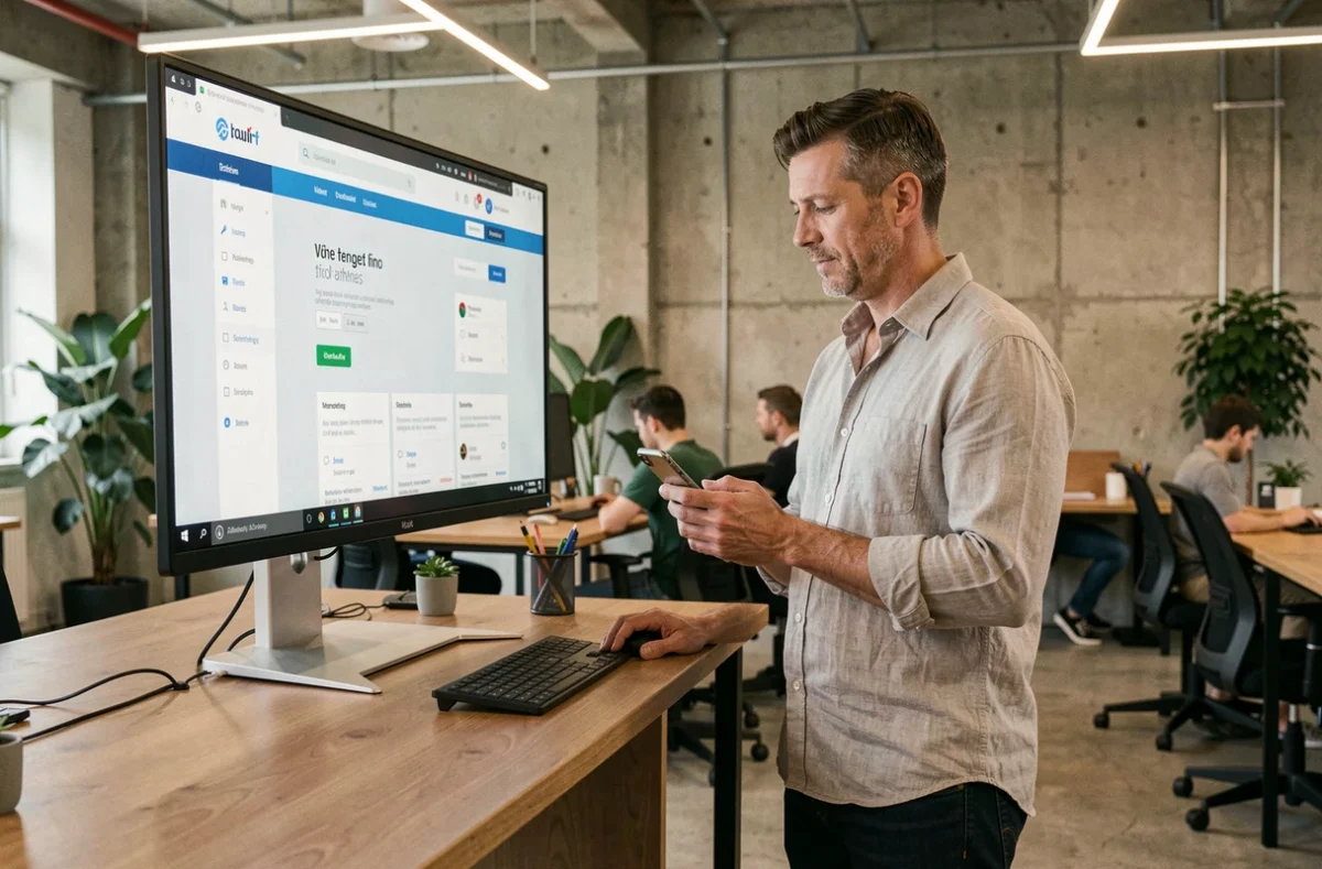 Chef de petite entreprise utilisant une plateforme marketing numérique dans un espace de coworking moderne