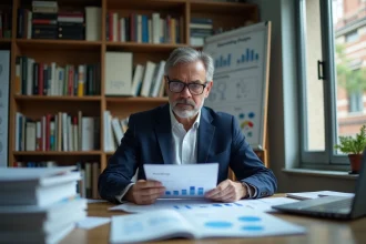 Chercheur universitaire analysant des études sur les systèmes de management américains dans son bureau académique