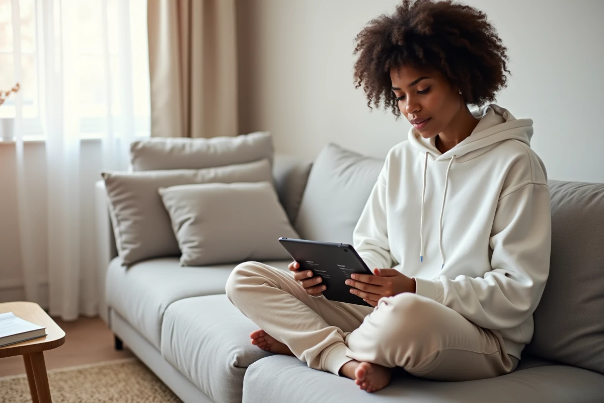 Jeune femme réfléchissant au choix d'un outil pour vendre ses formations en ligne depuis son salon avec une tablette et un carnet de notes