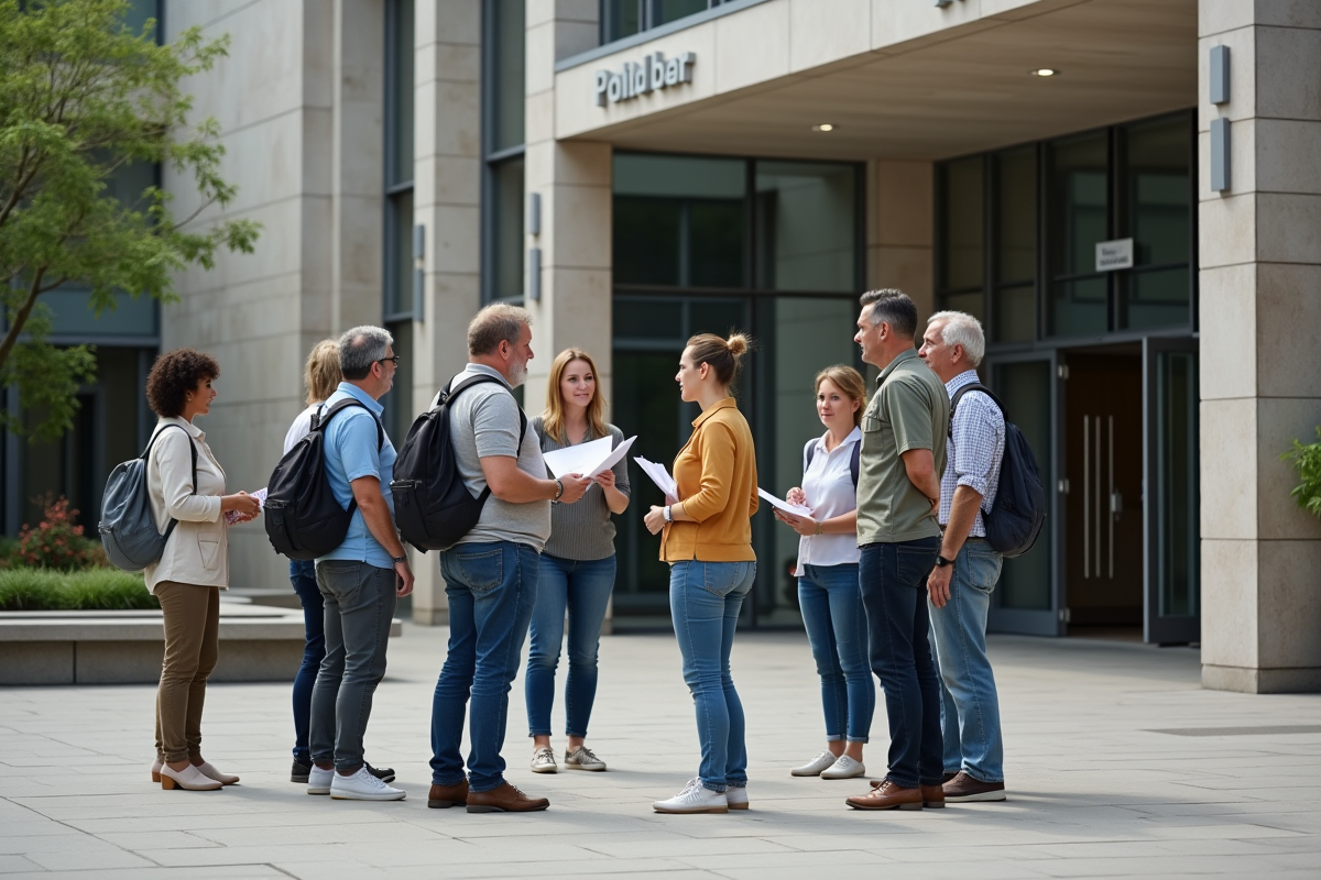 Citoyens discutant devant la mairie moderne