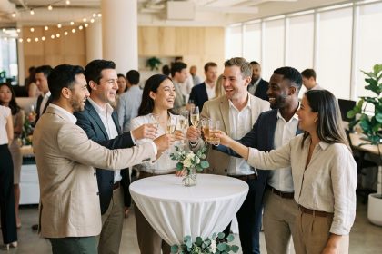 Groupe de collègues souriants portant un toast lors d'un cocktail d'entreprise dans un espace de bureau moderne