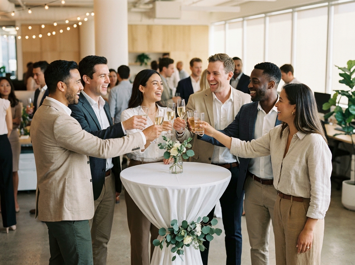 Groupe de collègues souriants portant un toast lors d'un cocktail d'entreprise dans un espace de bureau moderne
