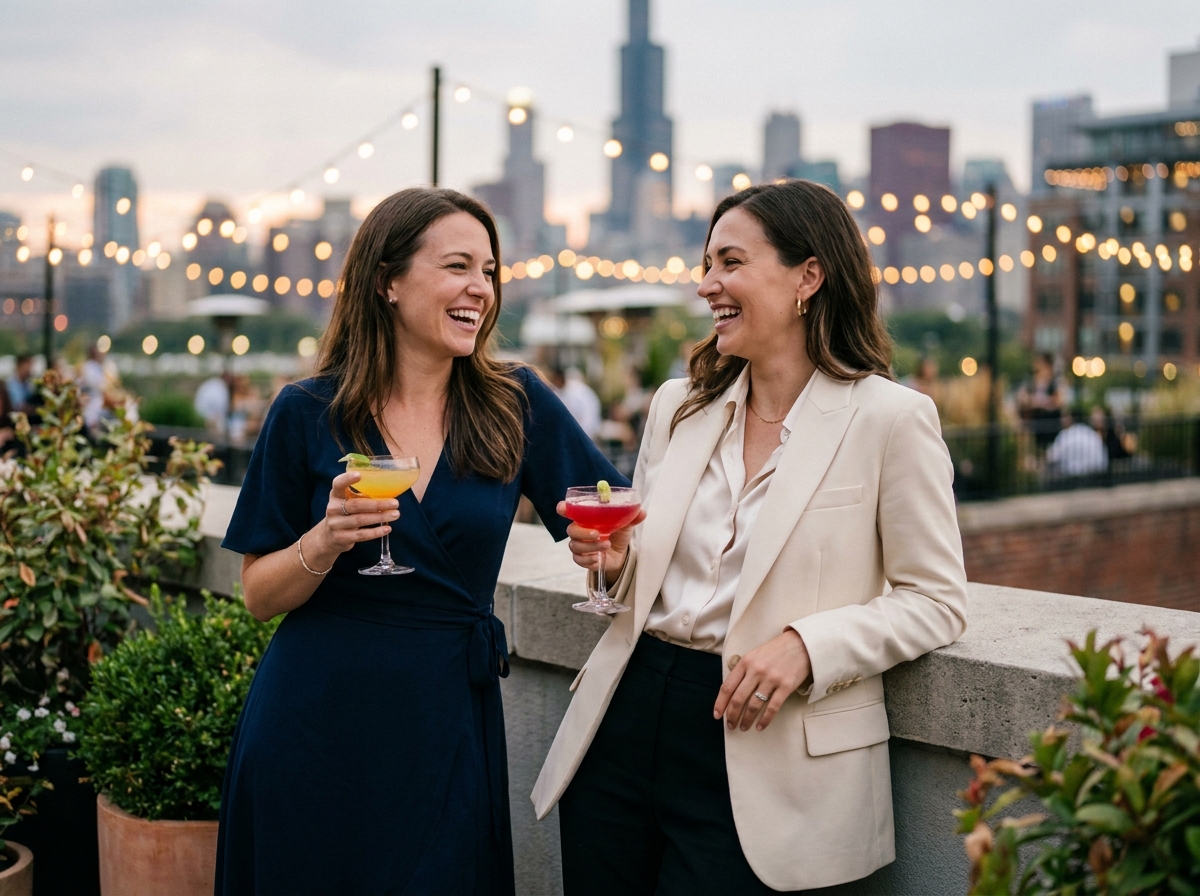 Deux collègues féminines discutant chaleureusement lors d'un cocktail d'entreprise en rooftop avec vue sur la ville
