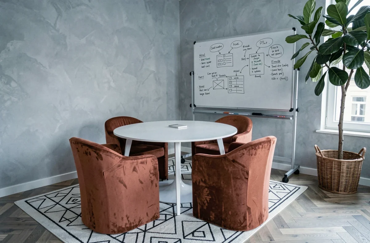 Coin réunion en espace de coworking avec table ronde, fauteuils en velours et tableau blanc mobile