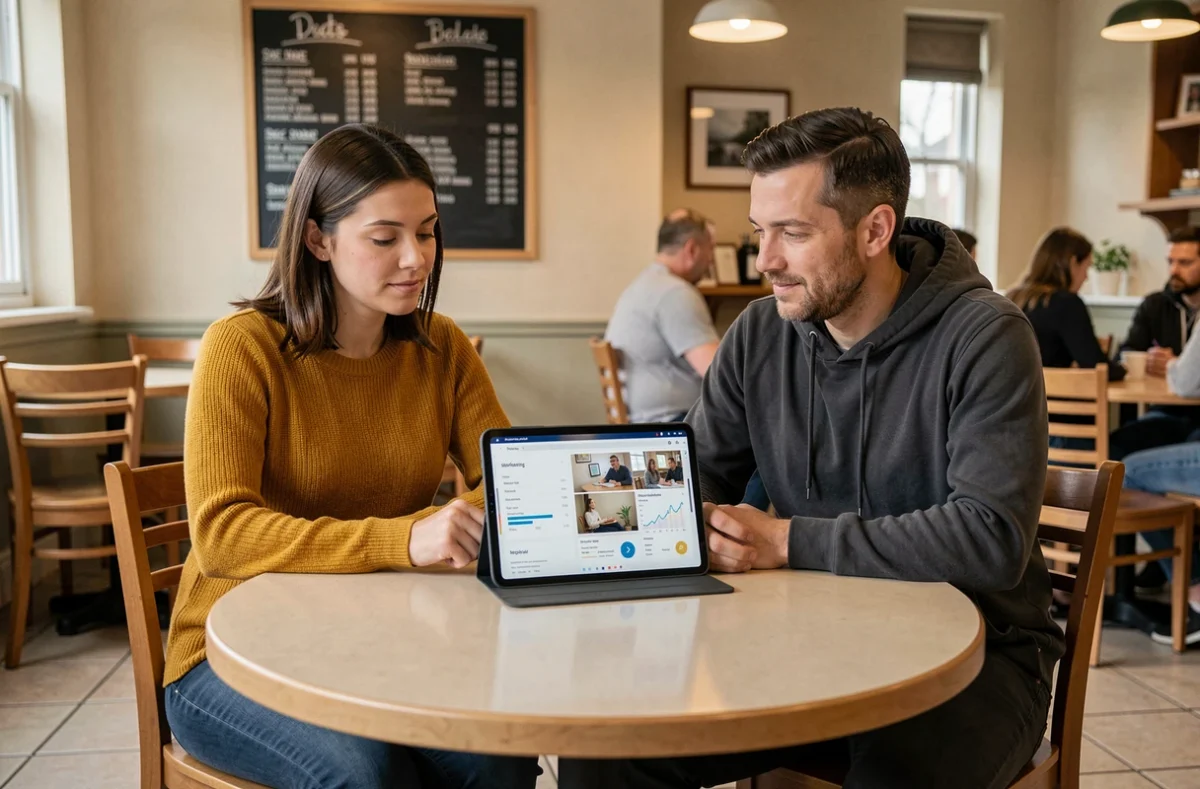 Deux collaborateurs de petite entreprise discutant d'une stratégie marketing numérique autour d'une tablette en café