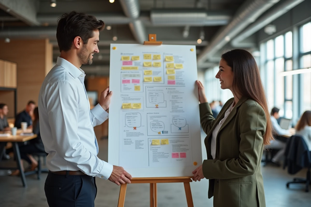 Deux entrepreneurs collaborant dans un espace de coworking autour d'un canvas de modèle économique avec des post-its pour structurer une idée en source de revenus récurrents