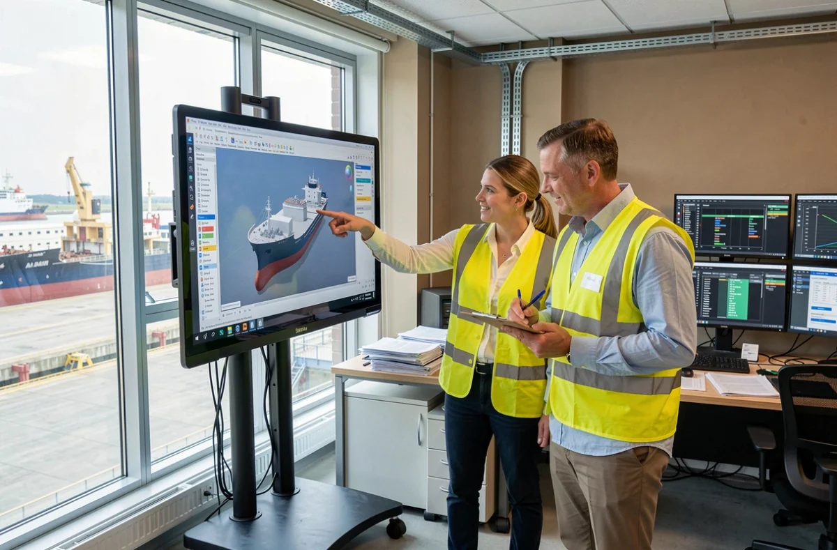 Deux professionnels de l'industrie navale collaborant sur un écran tactile affichant un modèle 3D de navire dans une salle d'opérations de chantier naval