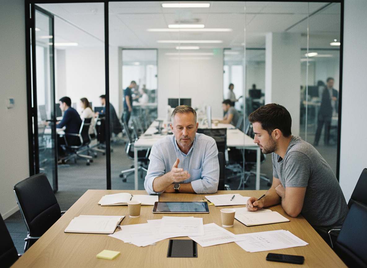Homme d age collaborant avec jeune collegue en reunion