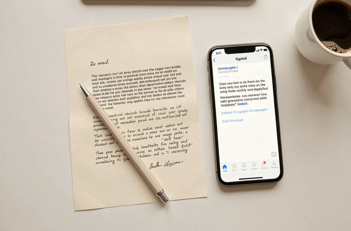 Comparaison entre lettre de démission manuscrite et email sur smartphone posés sur un bureau