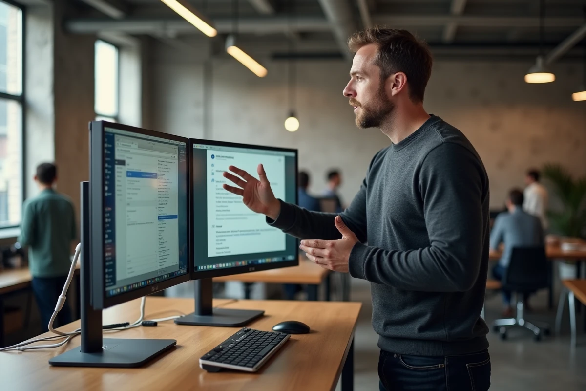 Homme comparant deux plateformes de vente de formations en ligne sur un écran double dans un espace de coworking moderne