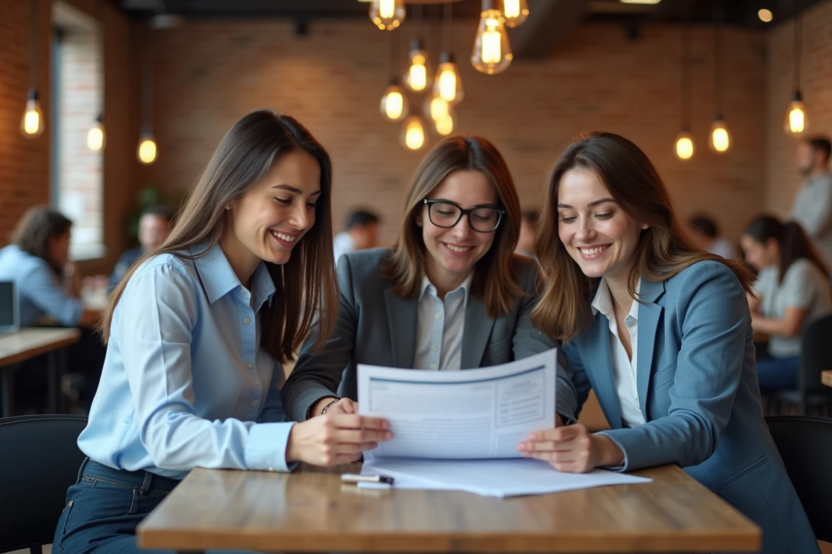 Trois professionnels comparant les coûts du networking B2B en ligne et des salons traditionnels dans un espace de coworking