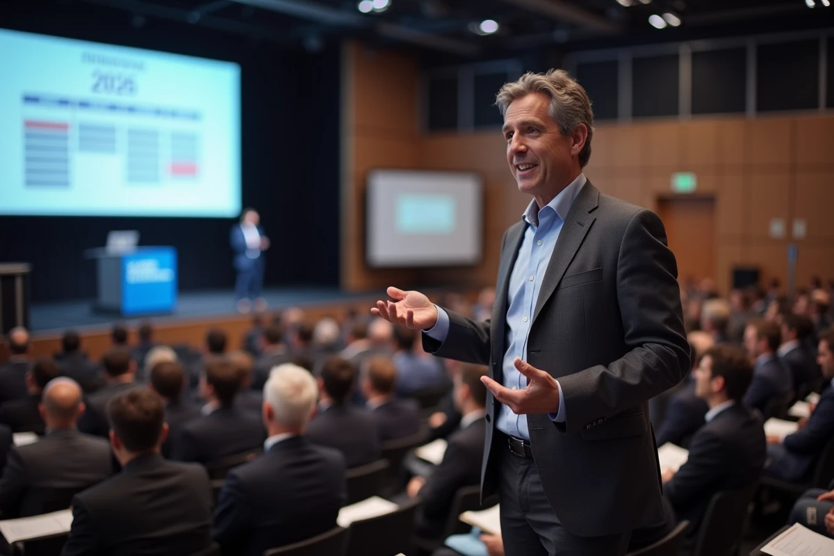 Conférencier entrepreneur présentant le programme de l'événement Les Entreprises Frenchy 2026 devant un grand auditoire