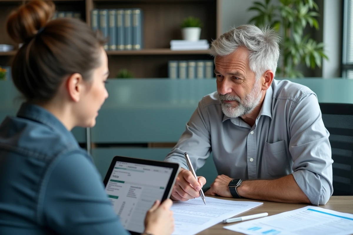 Entrepreneur et conseiller discutant des formalités de création d'entreprise autour de documents financiers