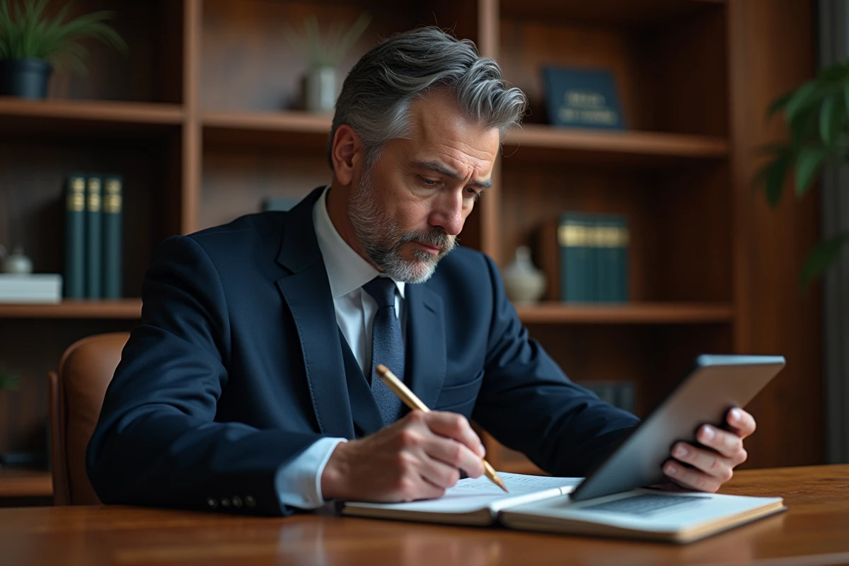 Consultant en bureau privé utilisant une tablette et prenant des notes